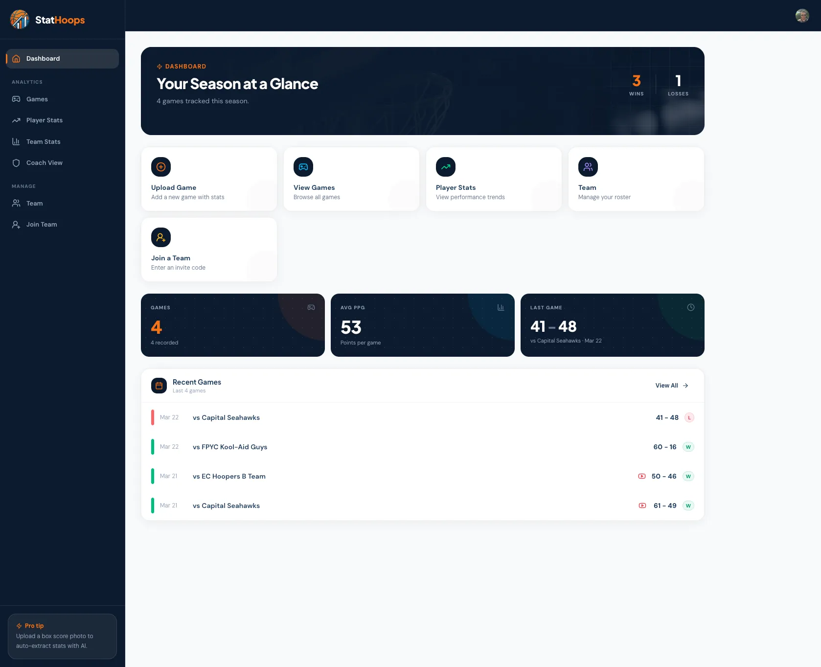 StatHoops dashboard showing team analytics and stats