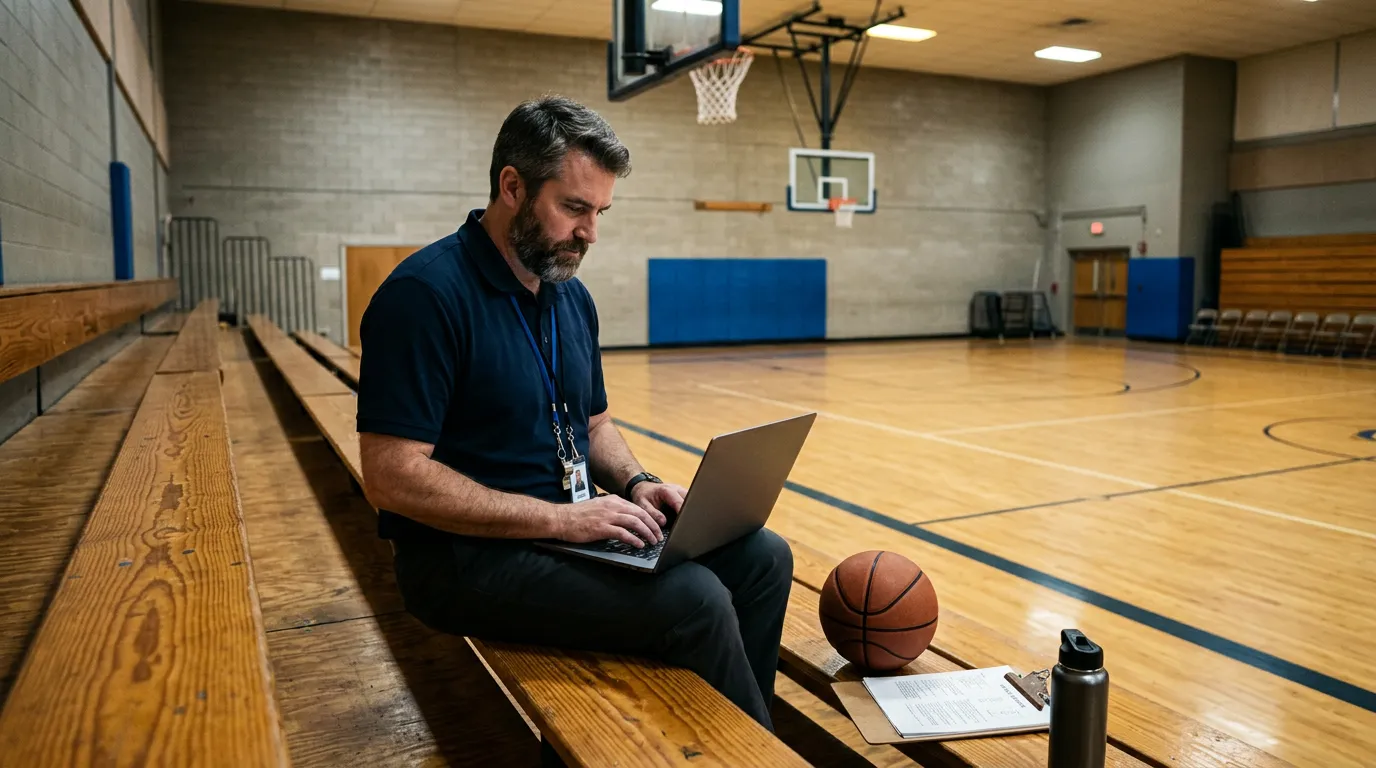 Coach sitting on empty gym bleachers reviewing team analytics dashboard on a laptop with a basketball beside them