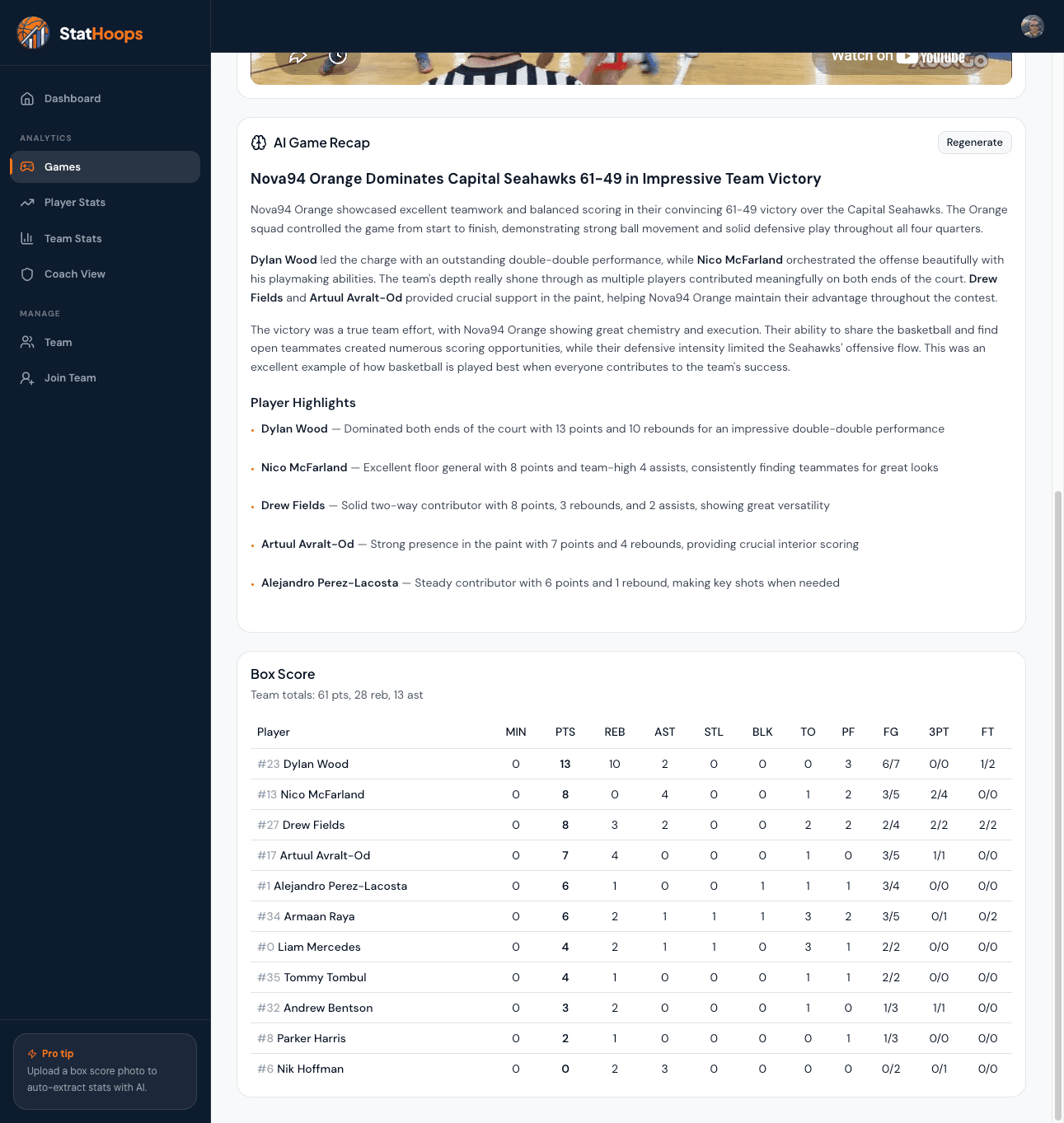 StatHoops box score editor with player stats populated by AI