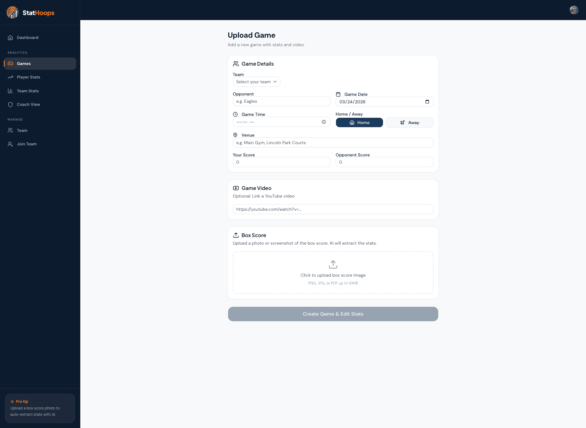 StatHoops upload interface showing file picker and AI extraction button