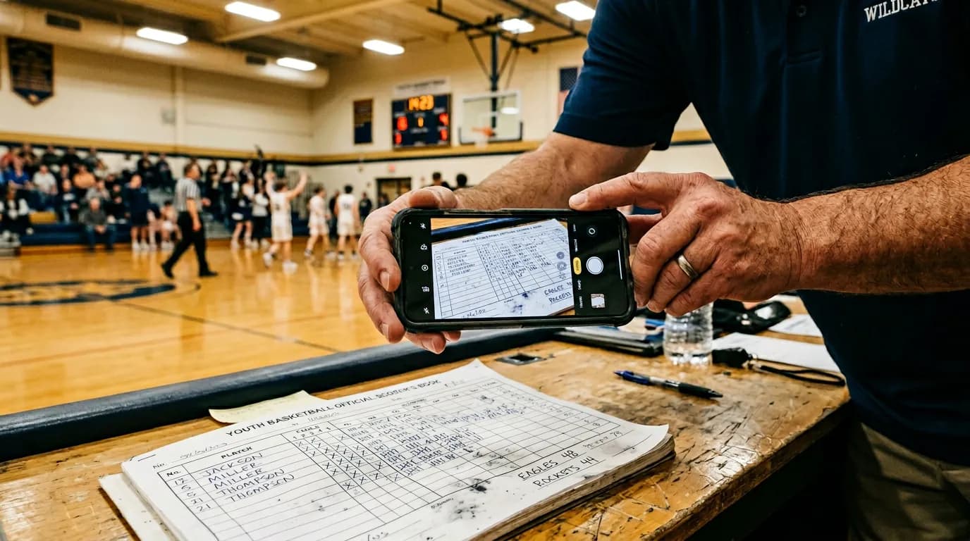 Coach photographing a handwritten basketball scorebook with their phone at the scorer's table in a gym