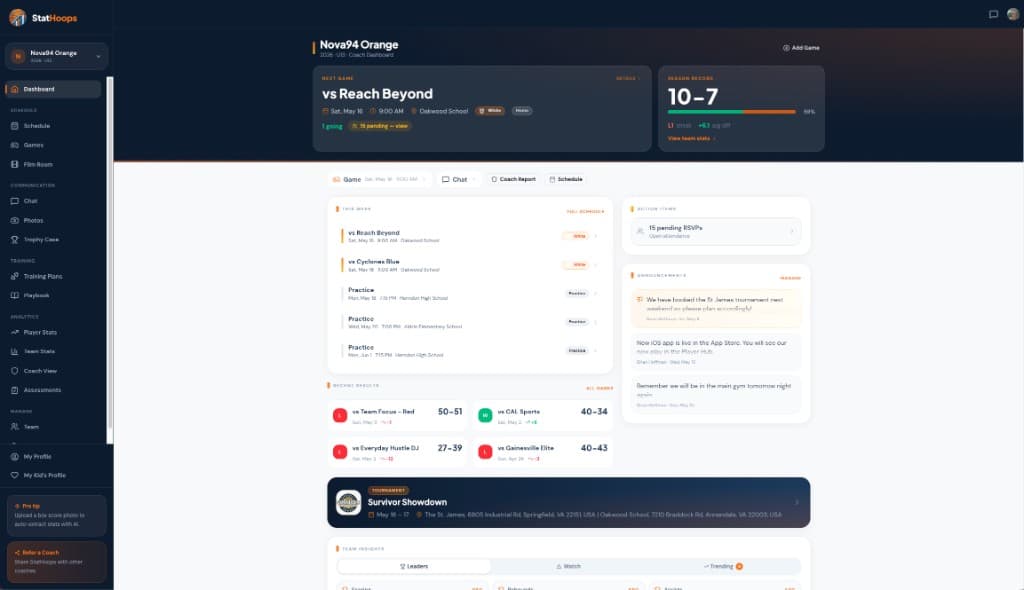 Actual StatHoops team home dashboard showing schedule, action center, announcements, recent games, and team context